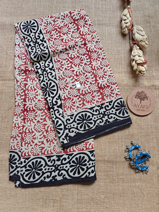 Red Bagru Hand Block Printed Mul Cotton Saree