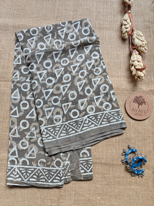 Gray Dabu Hand Block Printed Mul Cotton Saree