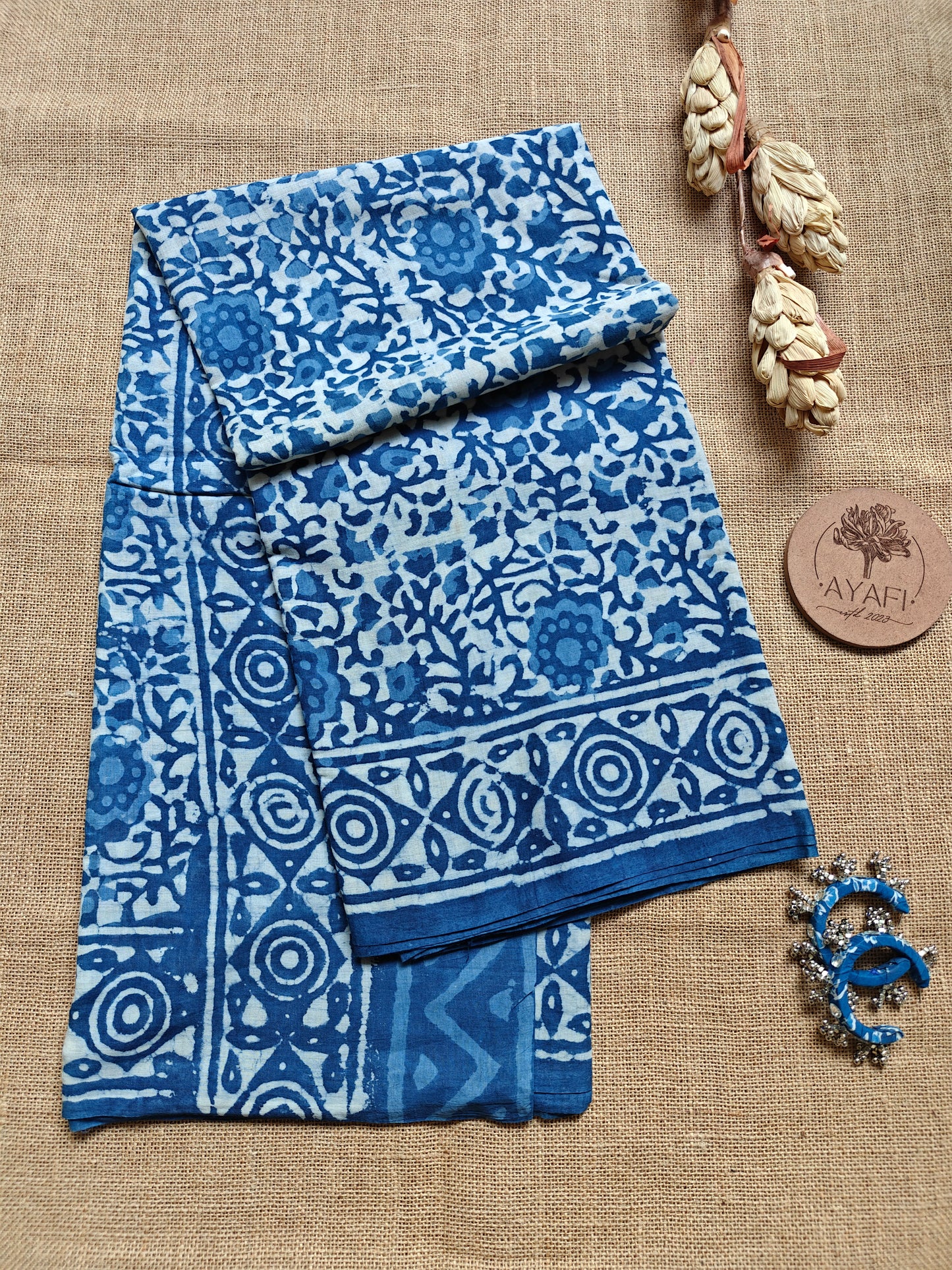 Indigo Dabu Hand Block Printed Mul Cotton Saree