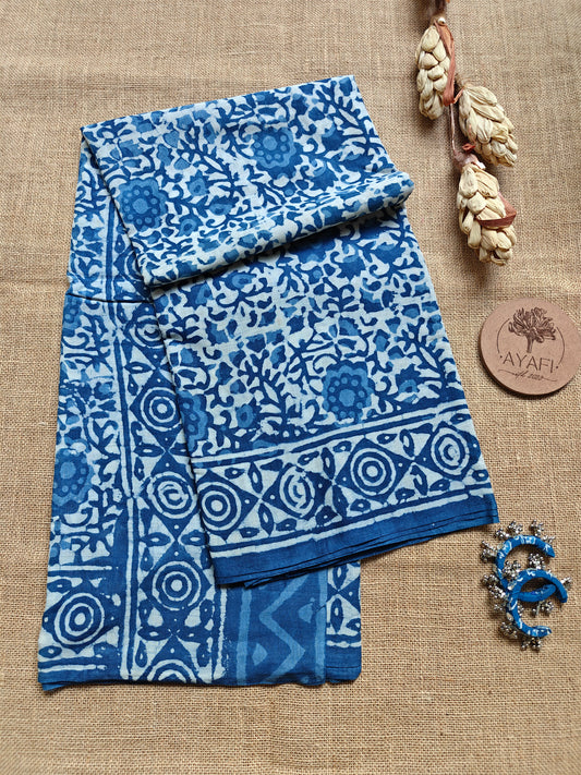 Indigo Dabu Hand Block Printed Mul Cotton Saree