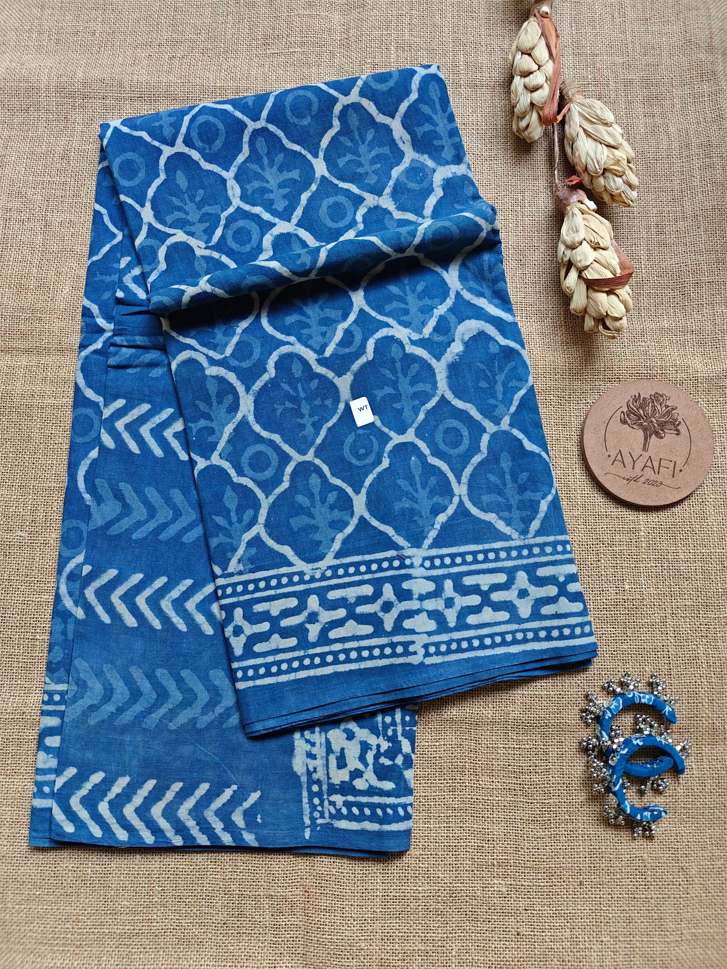 Indigo Dabu Hand Block Printed Mul Cotton Saree