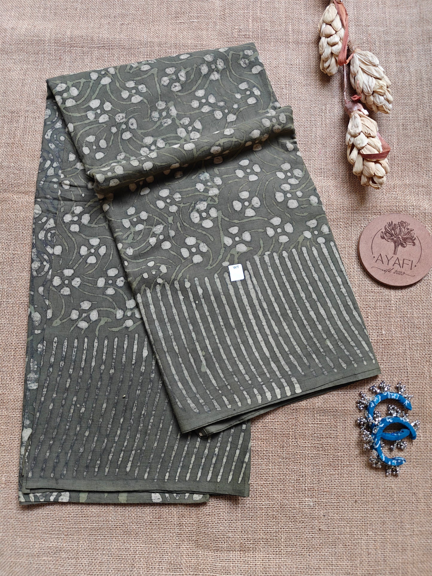 Olive Dabu Hand Block Printed Mul Cotton Saree