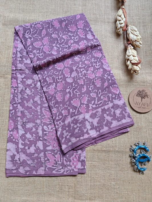 Mauve Dabu Hand Block Printed Mul Cotton Saree