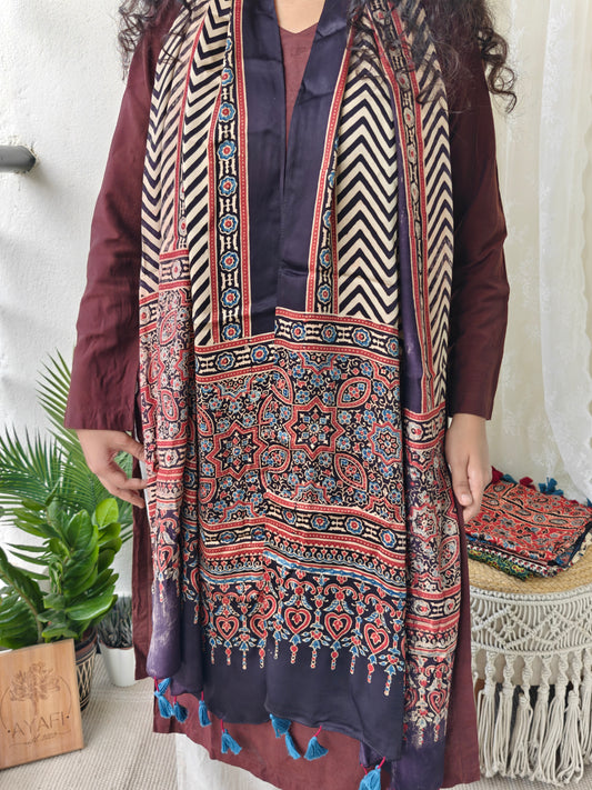 Black Handblock Printed Modal Ajrakh Stole
