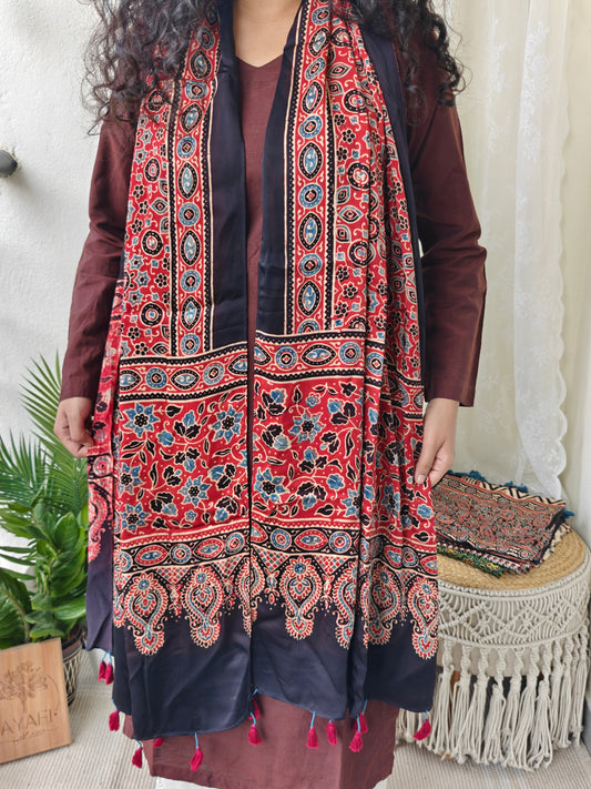 Red Handblock Printed Modal Ajrakh Stole