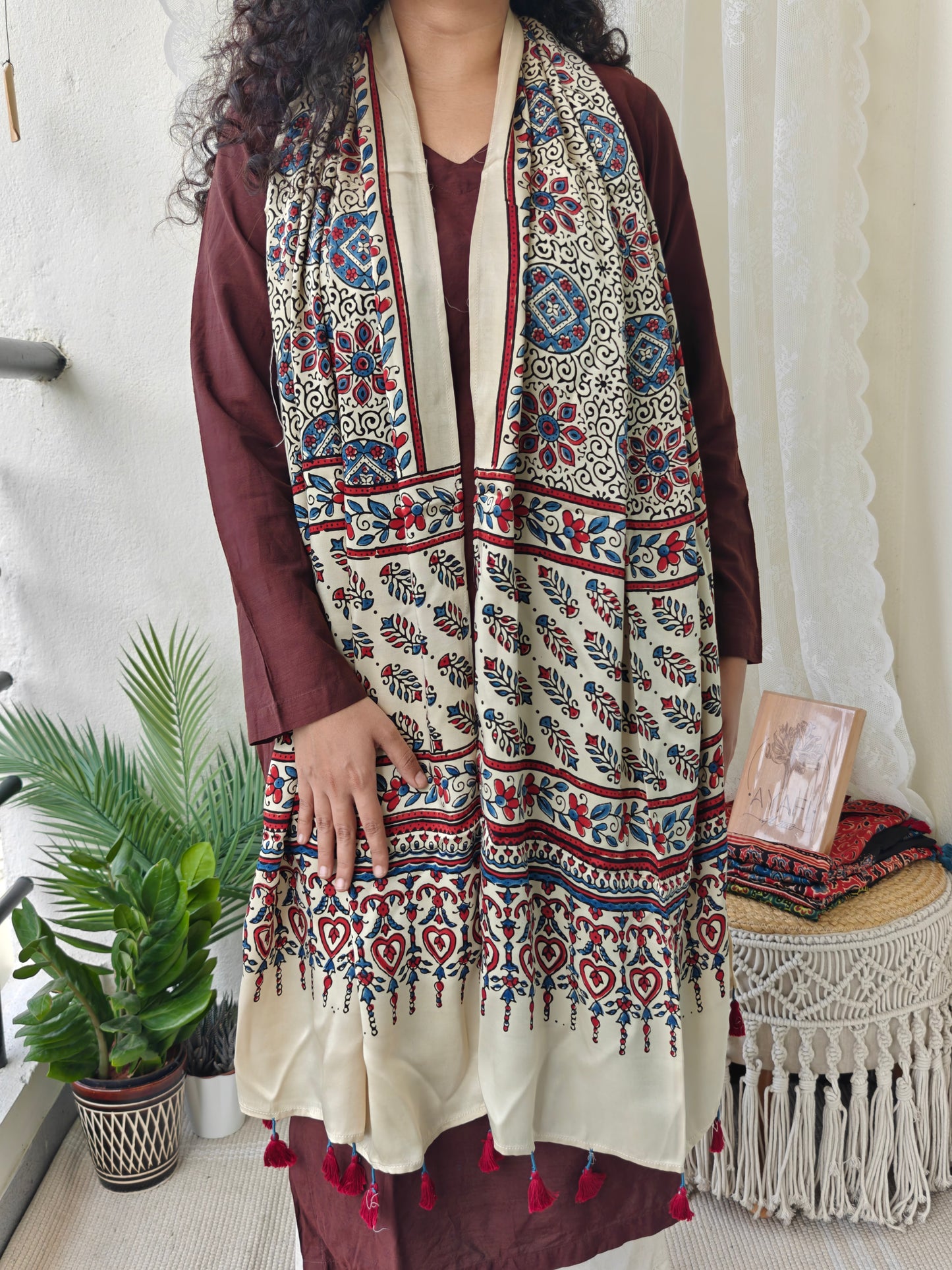 Beige Handblock Printed Modal Ajrakh Stole