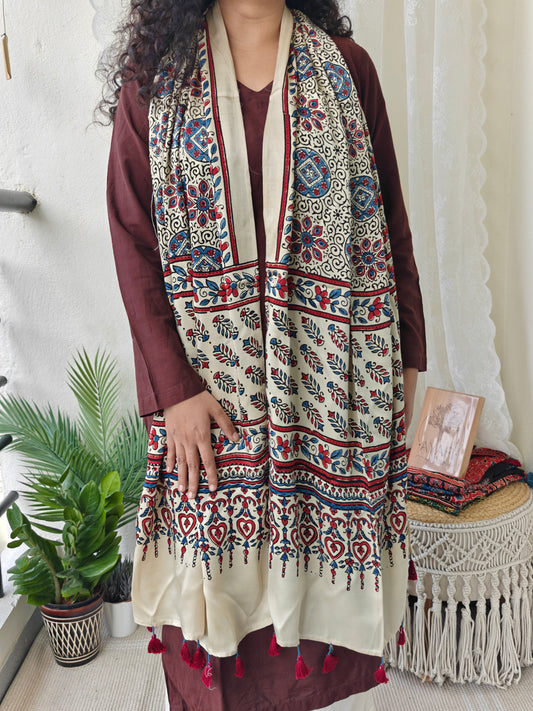 Beige Handblock Printed Modal Ajrakh Stole