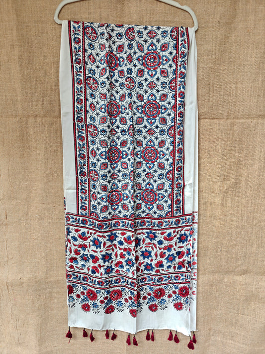 White Handblock Printed Modal Ajrakh Stole