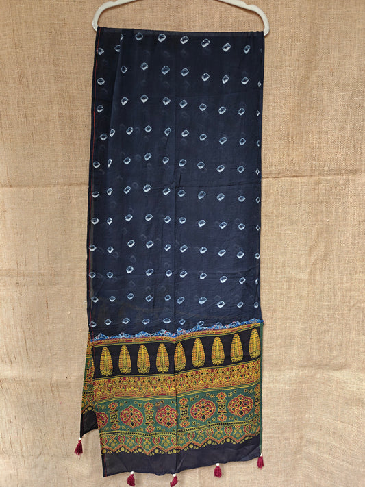 Black Bandhani-Ajrakh Printed Cotton Stole