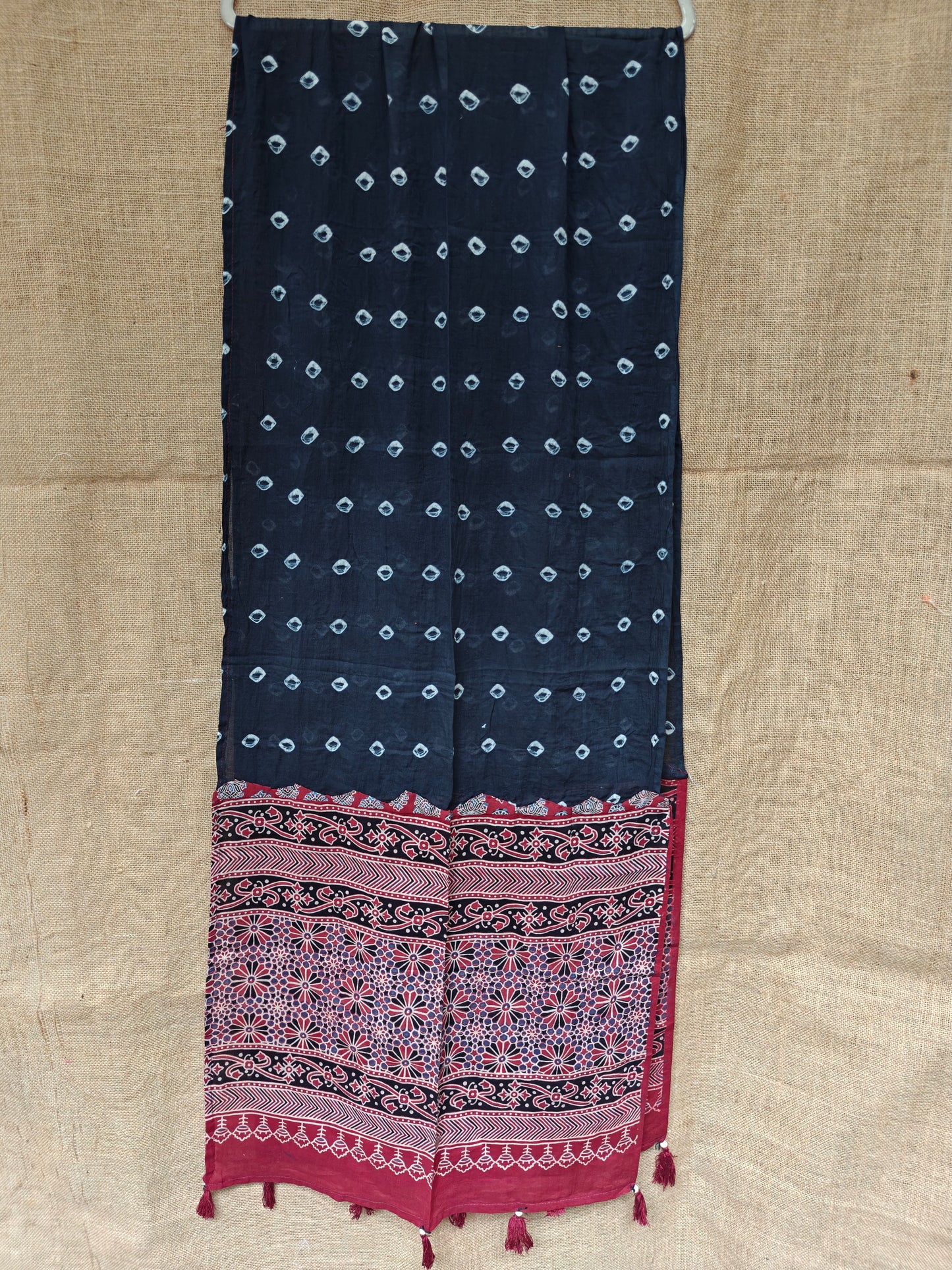 Black Bandhani-Ajrakh Printed Cotton Stole