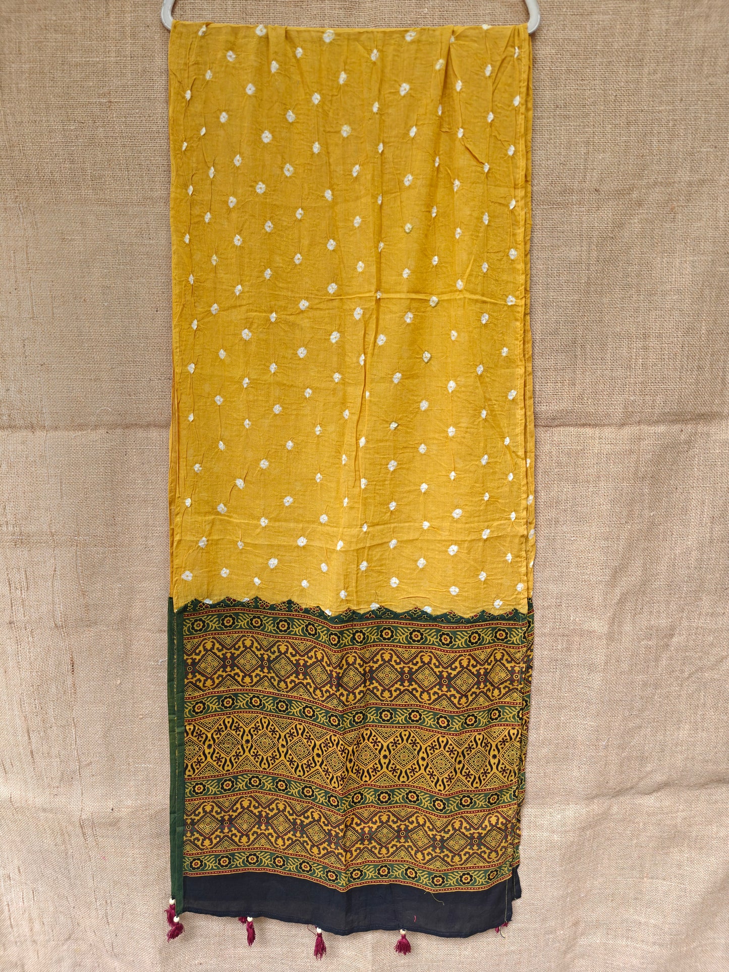 Yellow Bandhani-Ajrakh Printed Cotton Stole