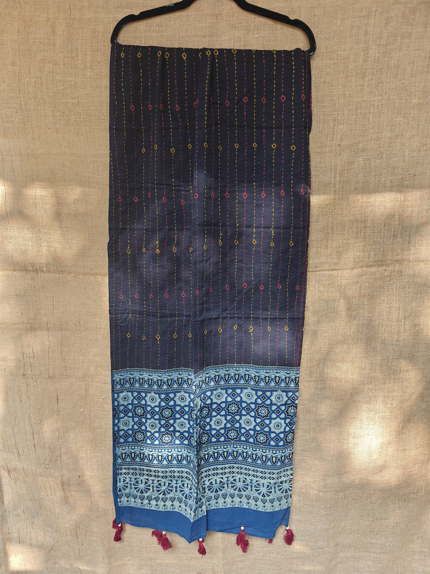 Black Kantha-Ajrakh Printed Cotton Stole