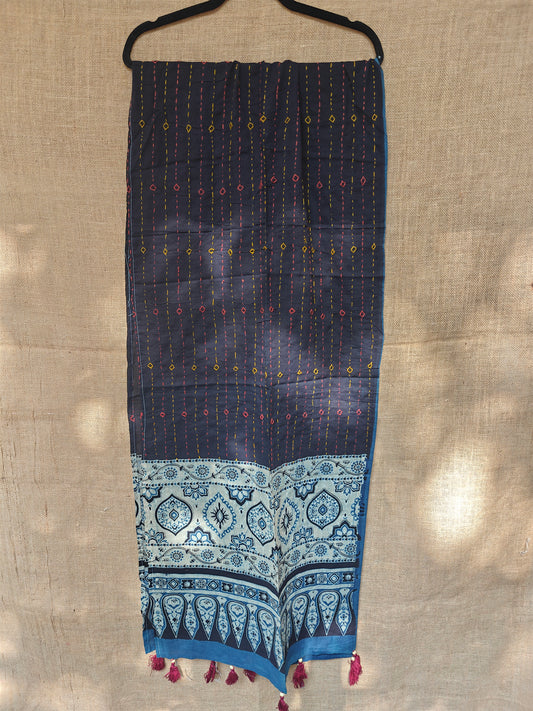 Black Kantha-Ajrakh Printed Cotton Stole