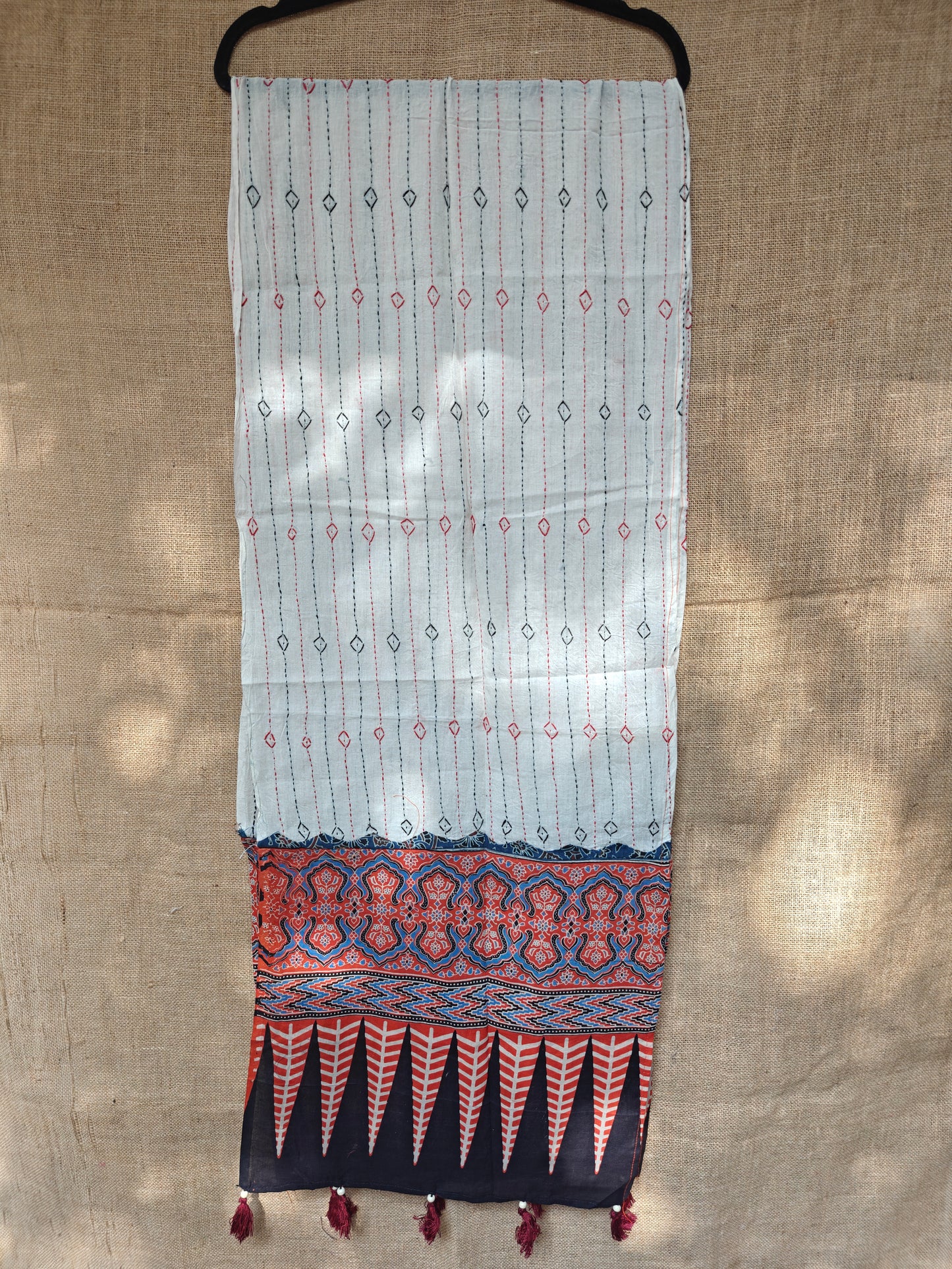 White Kantha-Ajrakh Printed Cotton Stole