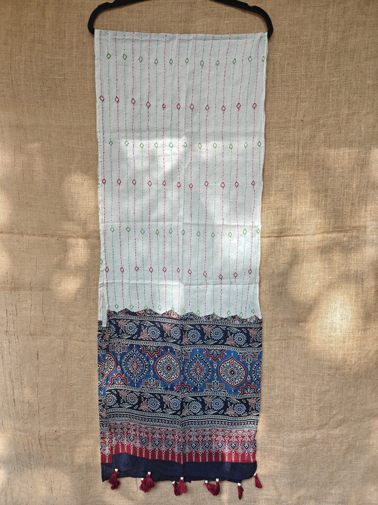 White Kantha-Ajrakh Printed Cotton Stole