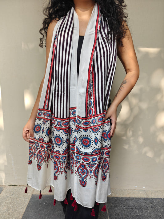 White Handblock Printed Modal Ajrakh Stole
