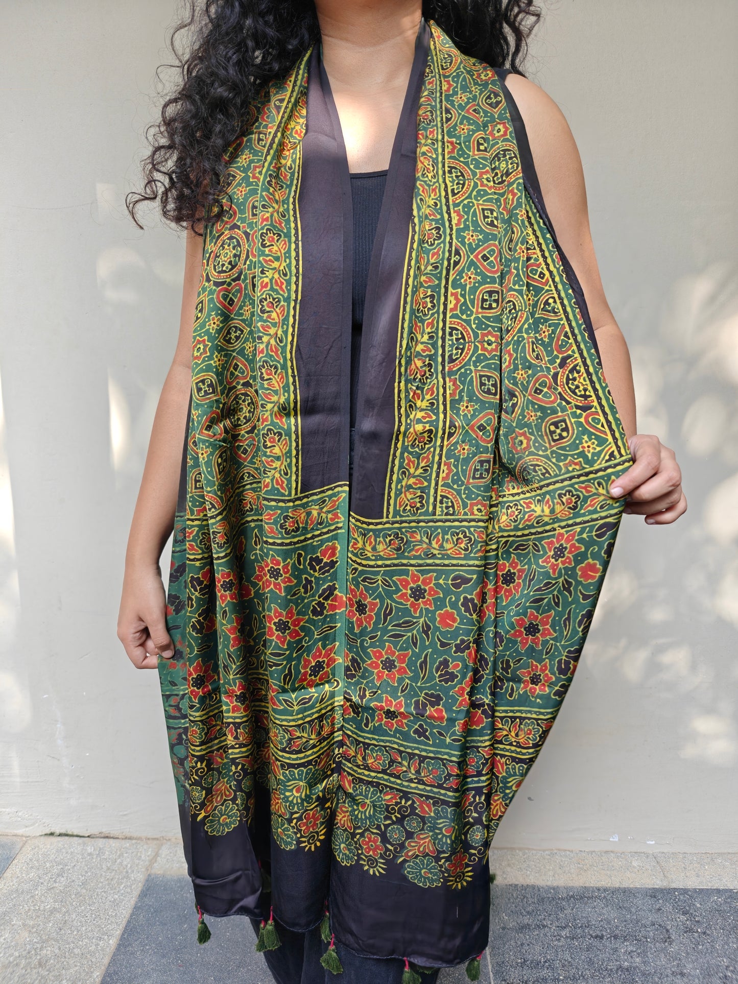 Green Handblock Printed Modal Ajrakh Stole