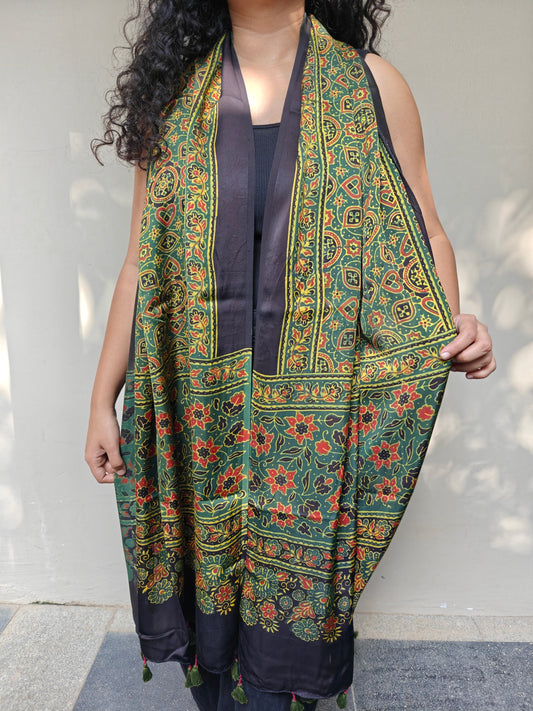 Green Handblock Printed Modal Ajrakh Stole