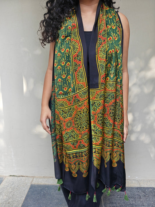 Green Handblock Printed Modal Ajrakh Stole