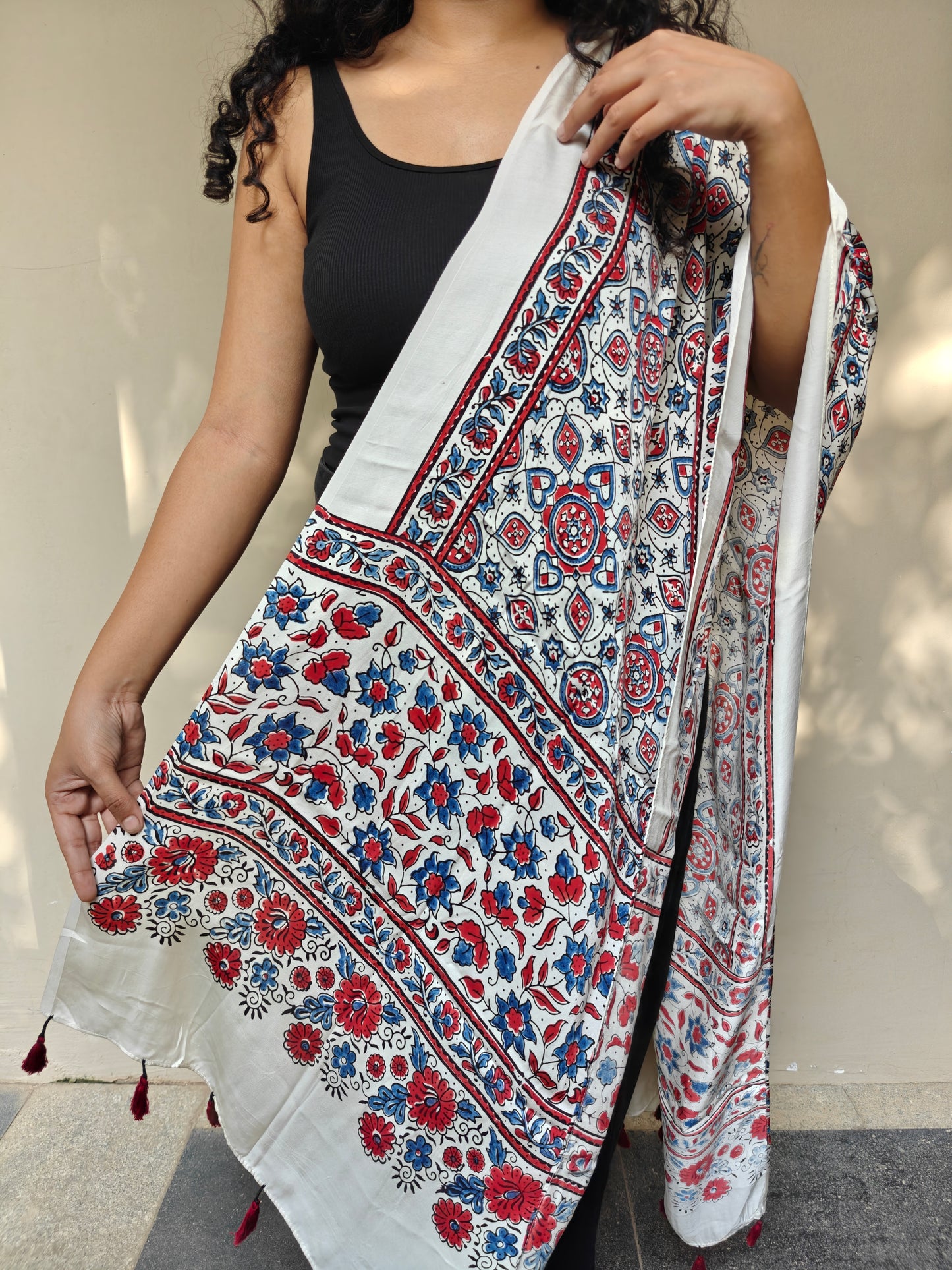 White Handblock Printed Modal Ajrakh Stole