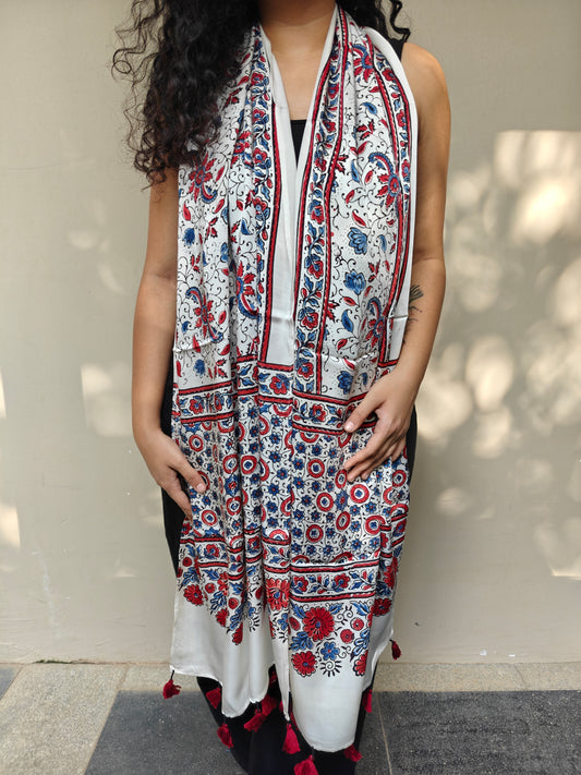 White Handblock Printed Modal Ajrakh Stole