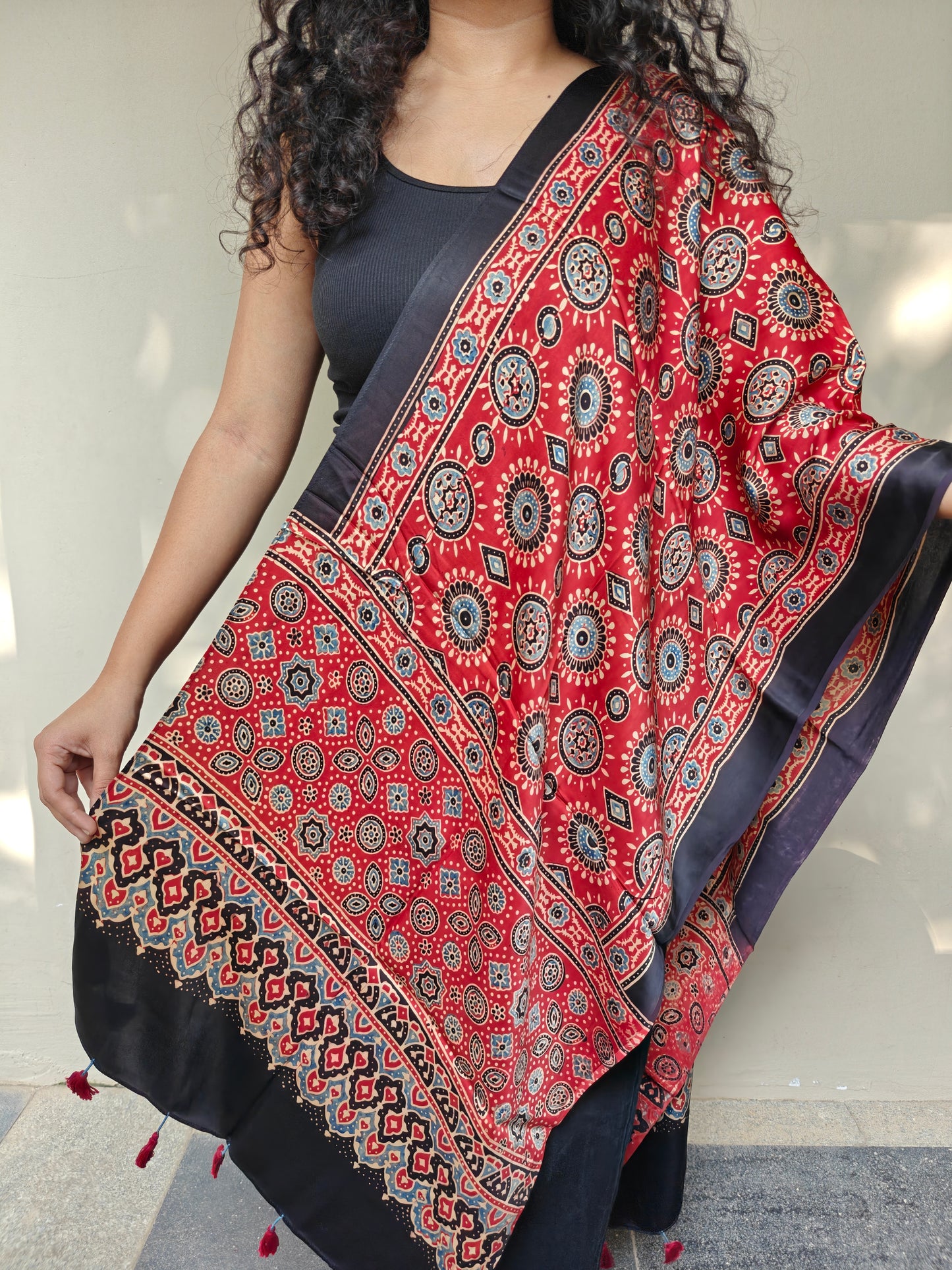 Red Handblock Printed Modal Ajrakh Stole