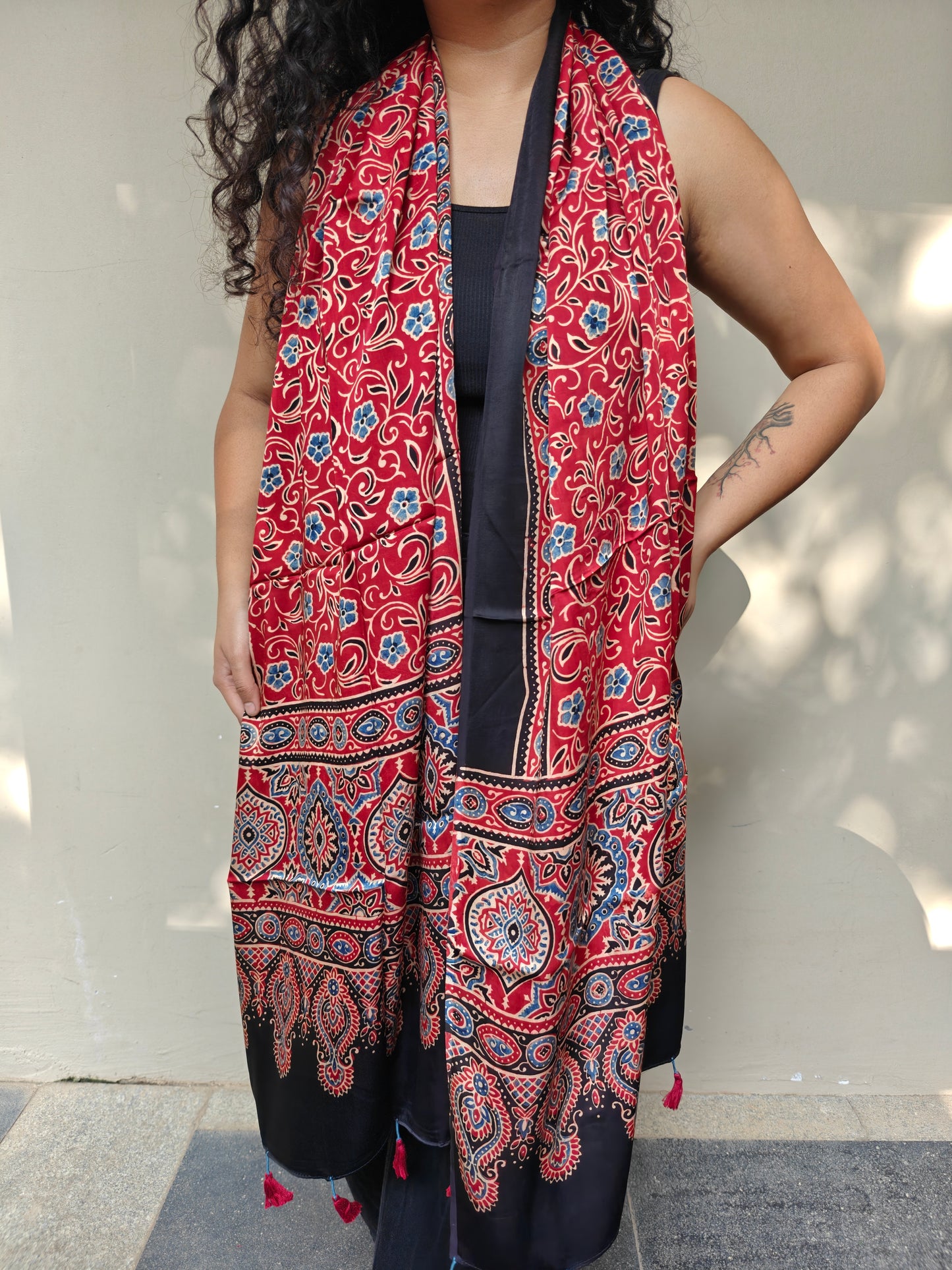 Red Handblock Printed Modal Ajrakh Stole