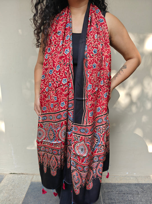 Red Handblock Printed Modal Ajrakh Stole
