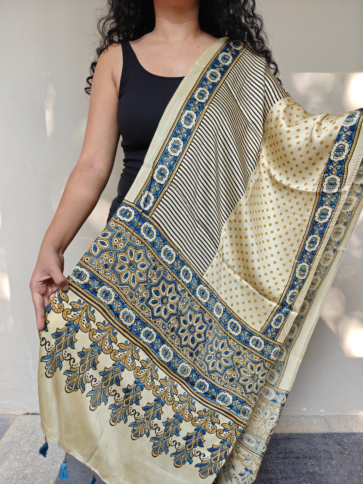 Beige Handblock Printed Modal Ajrakh Stole