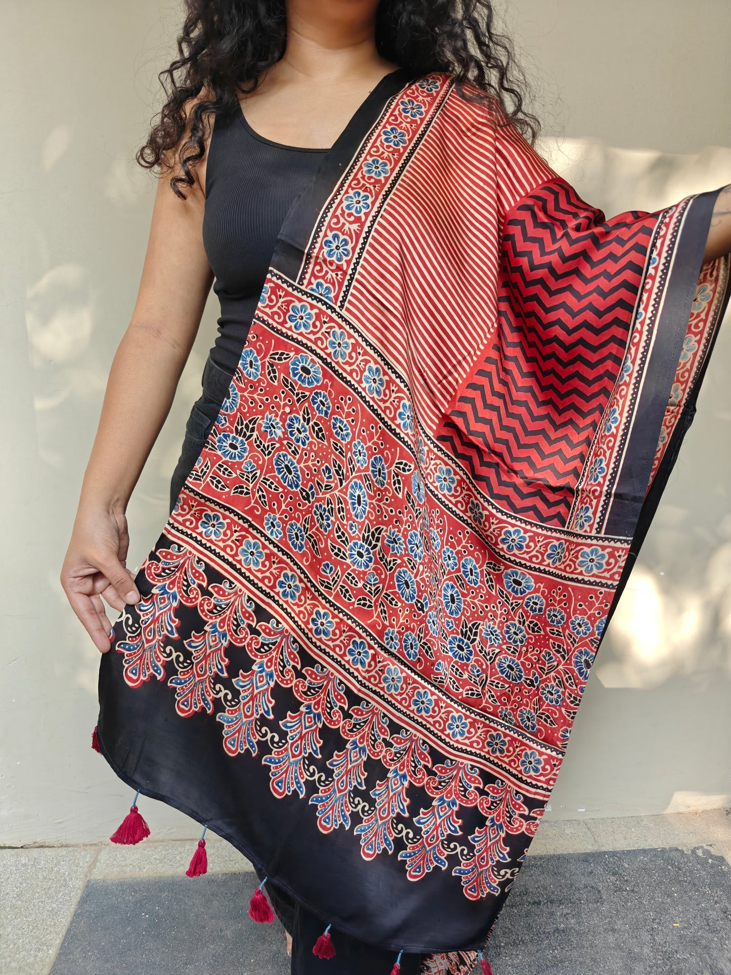 Red Handblock Printed Modal Ajrakh Stole