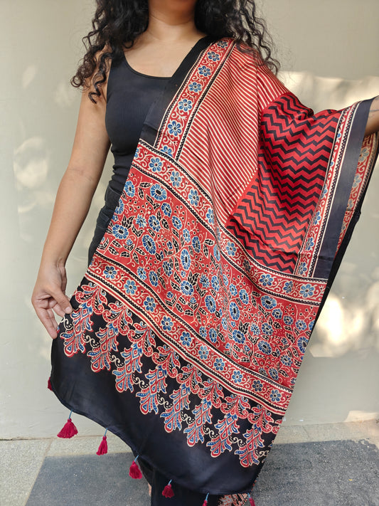 Red Handblock Printed Modal Ajrakh Stole