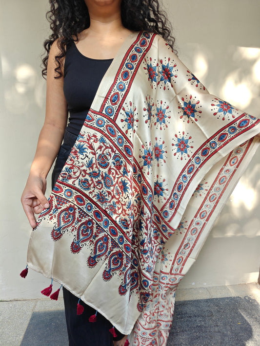 Beige Handblock Printed Modal Ajrakh Stole