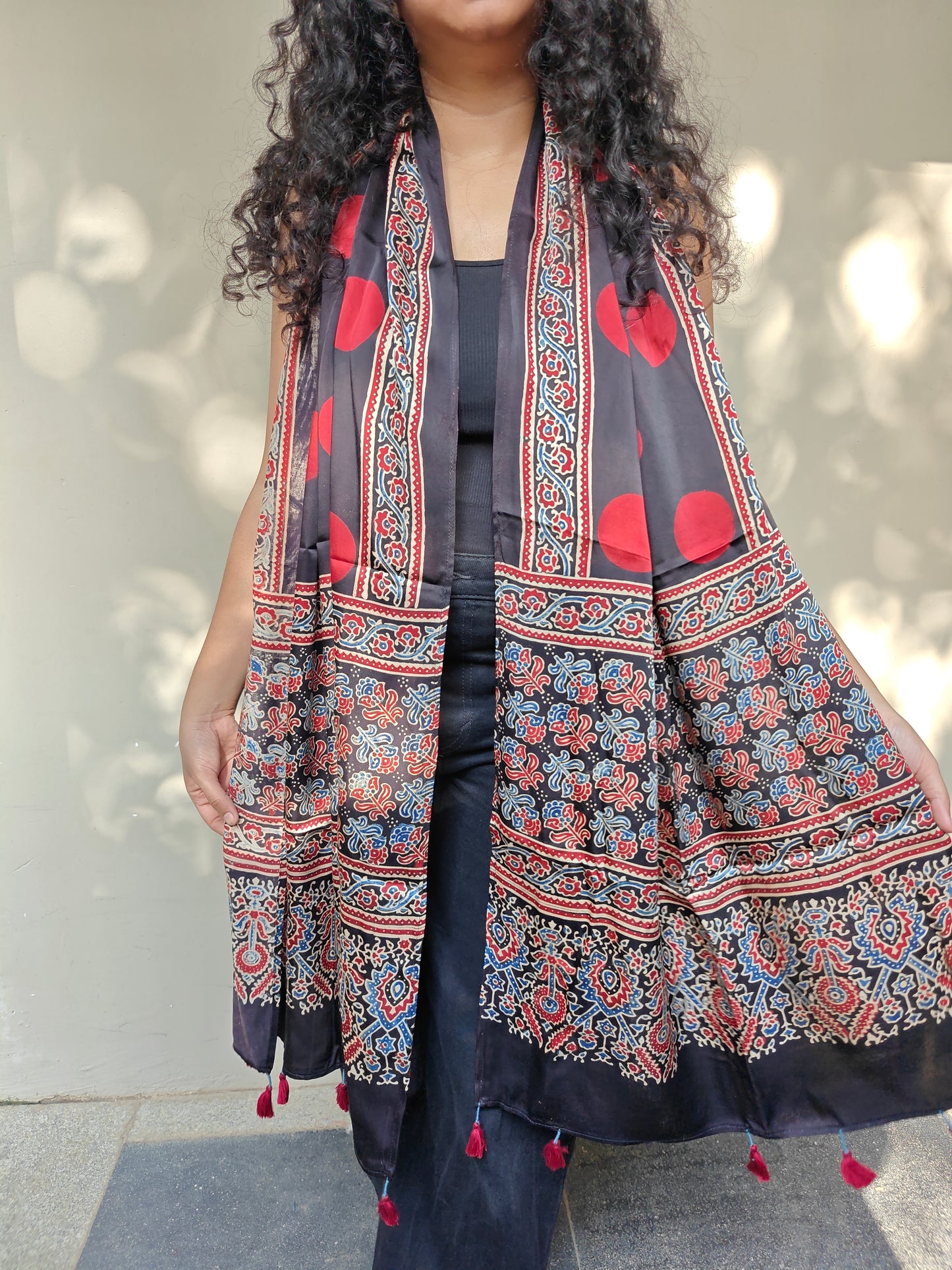 Black Handblock Printed Modal Ajrakh Stole