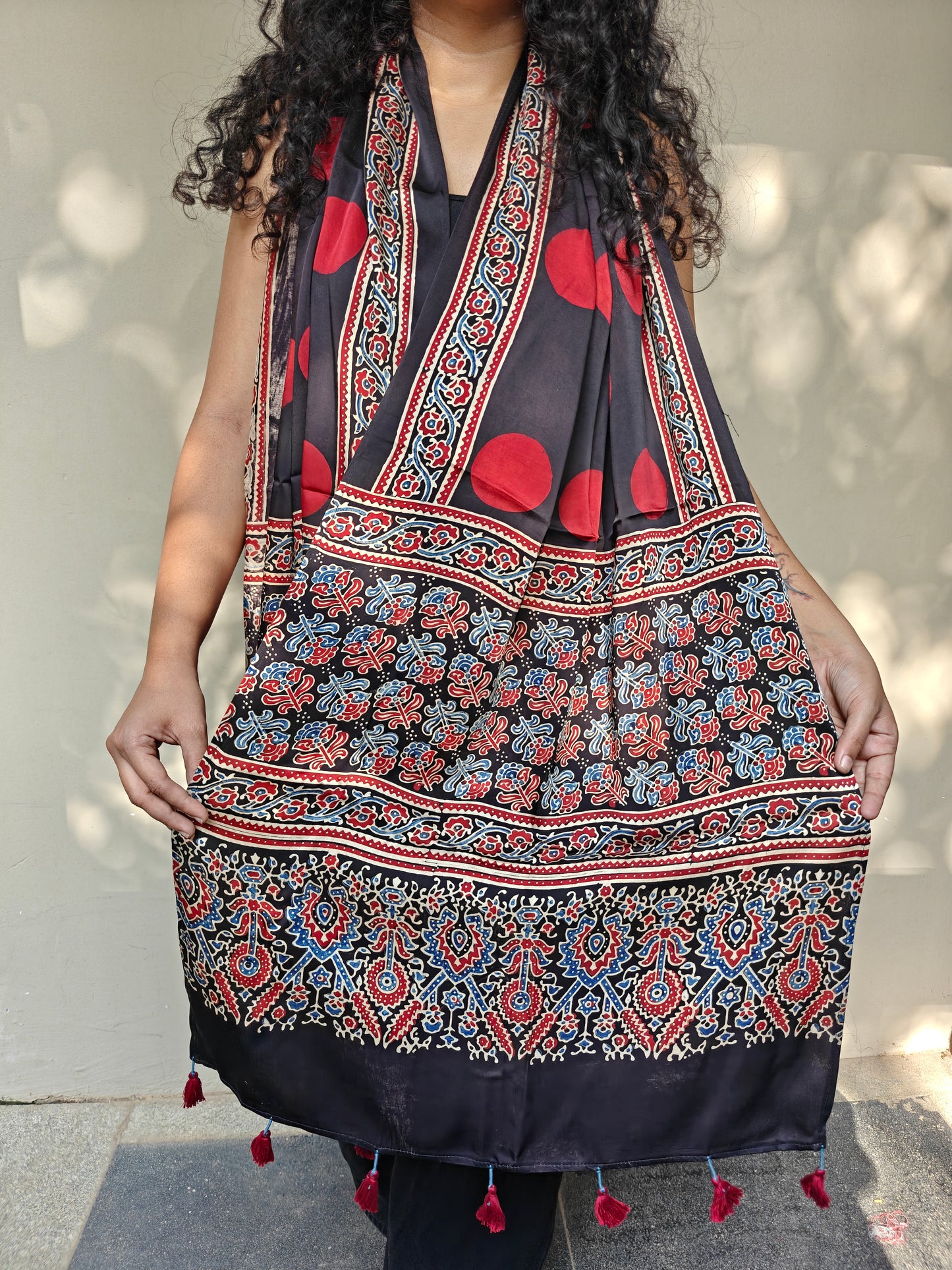 Black Handblock Printed Modal Ajrakh Stole