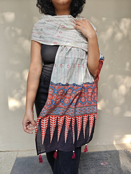 White Kantha-Ajrakh Printed Cotton Stole