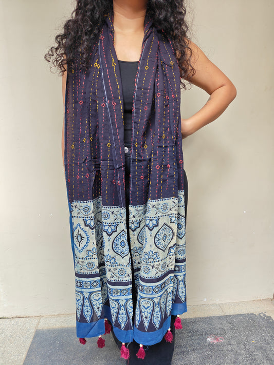 Black Kantha-Ajrakh Printed Cotton Stole