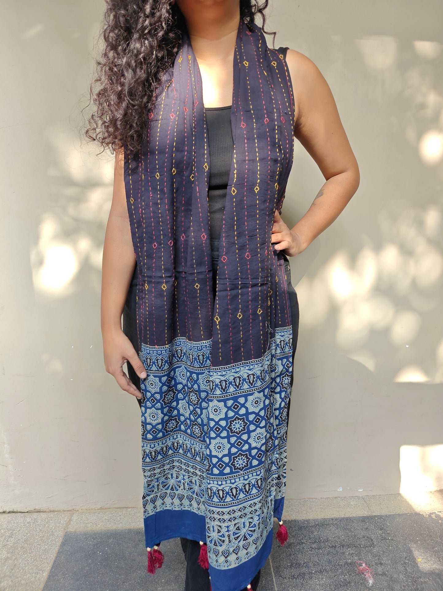 Black Kantha-Ajrakh Printed Cotton Stole