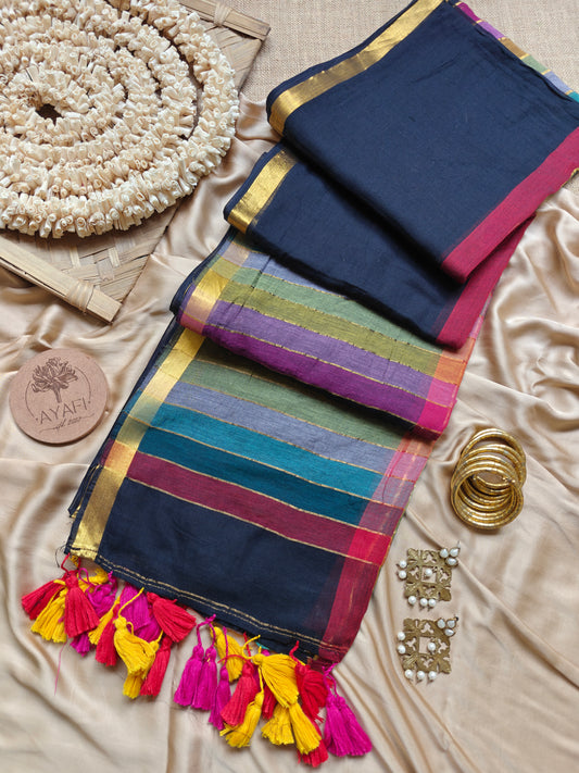 KAMANABILLU  - Rainbow Striped Zari Black MulMul Cotton Saree