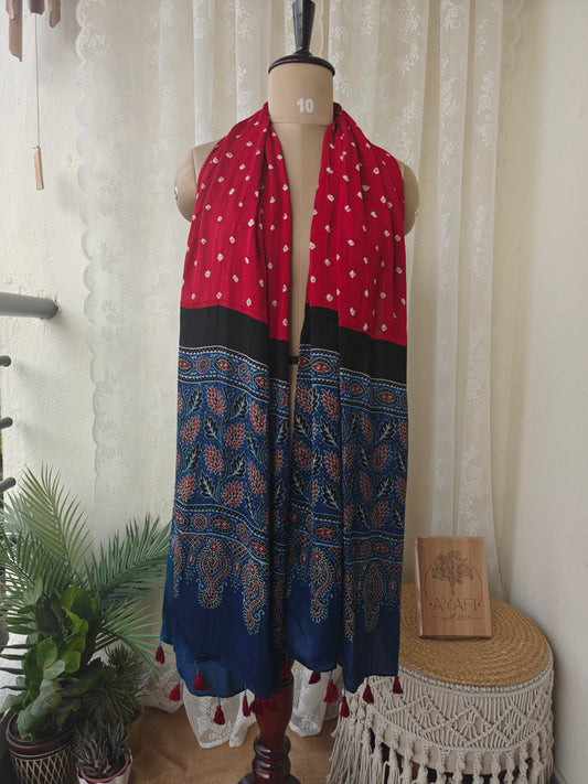 Red-Indigo Handblock Printed Modal Bandhani-Ajrakh Stole