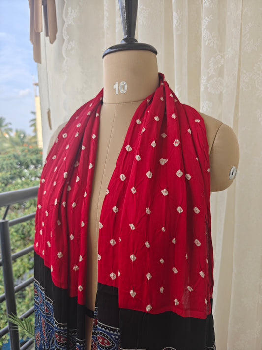 Red-Indigo Handblock Printed Modal Bandhani-Ajrakh Stole
