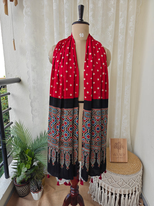 Red-Black Handblock Printed Modal Bandhani-Ajrakh Stole