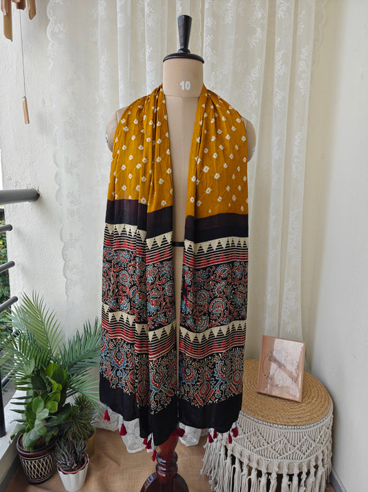 Mustard-Black Handblock Printed Modal Bandhani-Ajrakh Stole