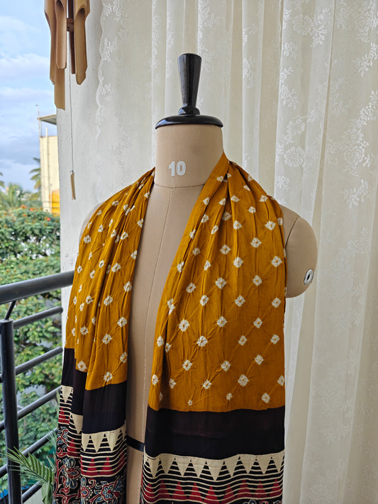 Mustard-Black Handblock Printed Modal Bandhani-Ajrakh Stole