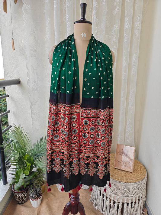 Green-Red Handblock Printed Modal Bandhani-Ajrakh Stole