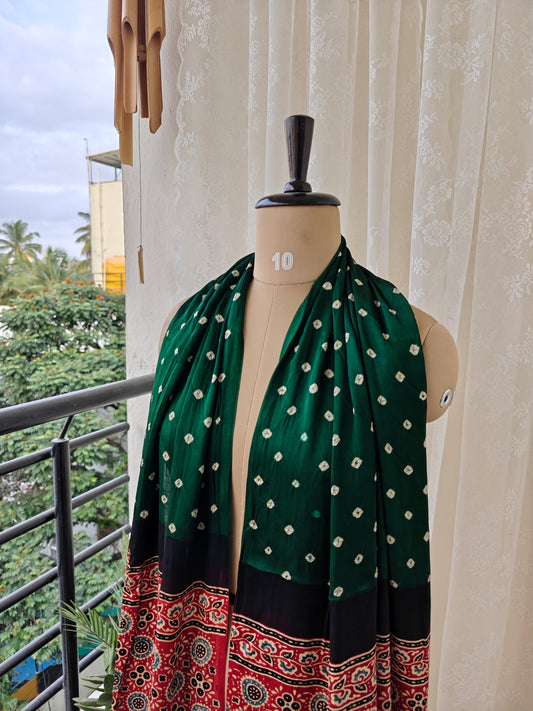Green-Red Handblock Printed Modal Bandhani-Ajrakh Stole