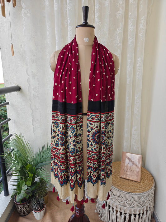 Maroon-Beige Handblock Printed Modal Bandhani-Ajrakh Stole