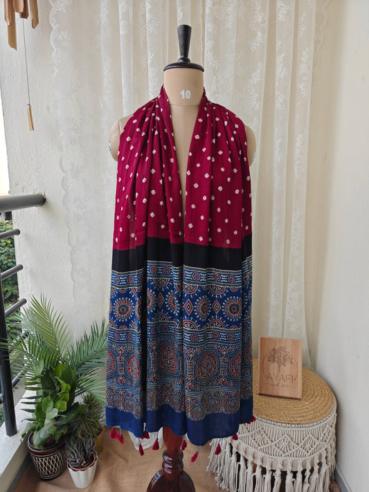Maroon-Indigo Handblock Printed Modal Bandhani-Ajrakh Stole