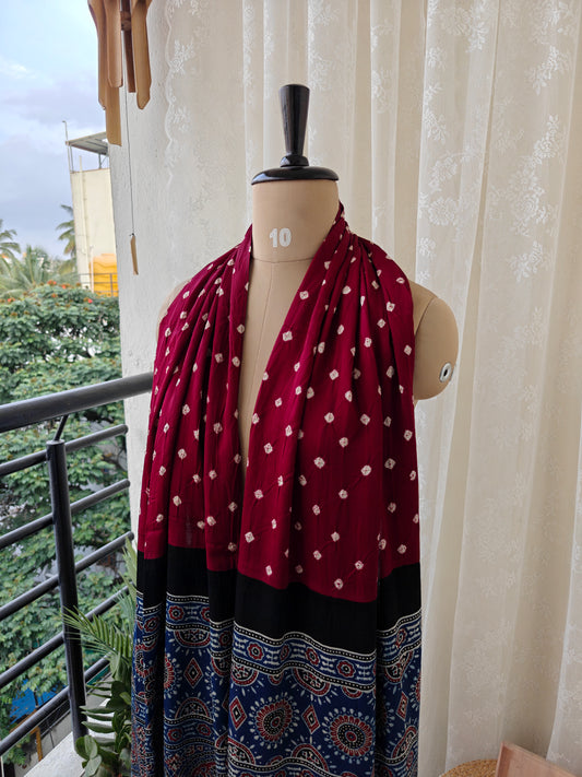 Maroon-Indigo Handblock Printed Modal Bandhani-Ajrakh Stole
