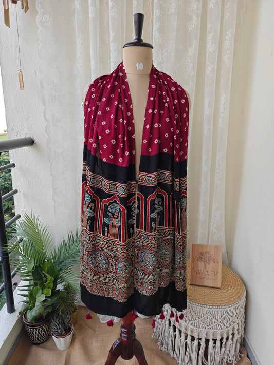Maroon- Black Handblock Printed Modal Bandhani-Ajrakh Stole