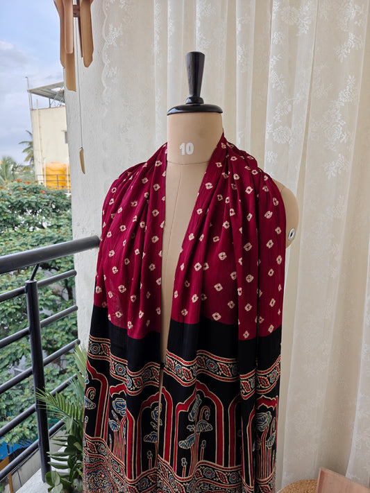 Maroon- Black Handblock Printed Modal Bandhani-Ajrakh Stole